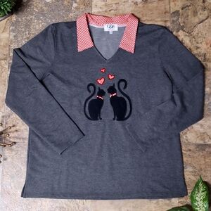 Vintage Cute Black Cat Heart Grey V-Neck Sweater Size S